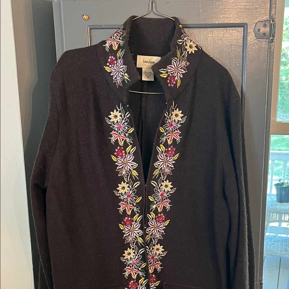 Neiman Marcus Datk Brown Wool Jacket/Duster with Embroidery & pockets.